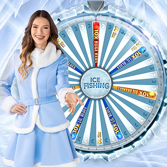 Baner z kobietą w arktycznej scenerii z grą Ice Fishing na żywo